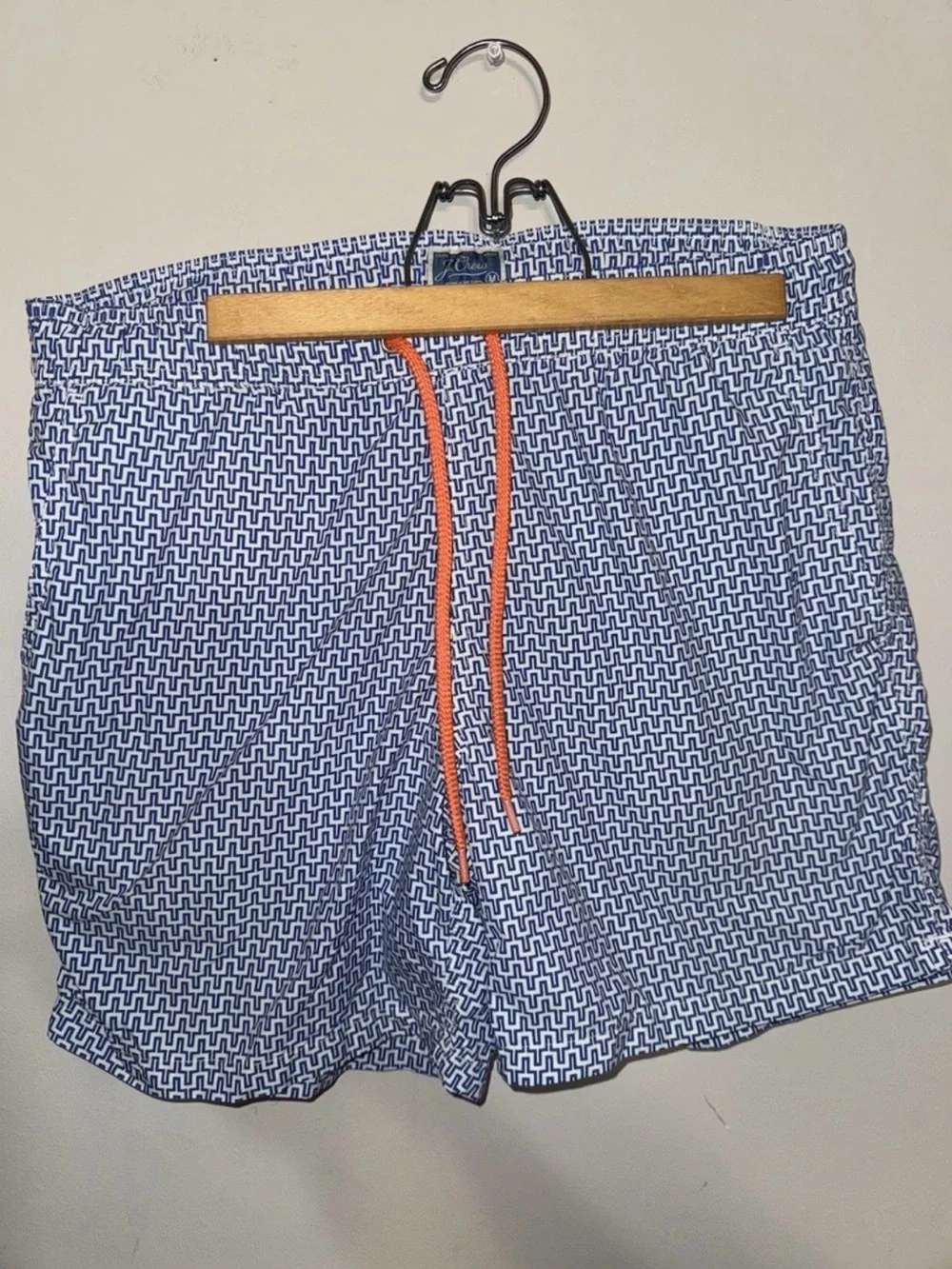J. Crew Blue Geo Swim Trunks with Orange Drawstring